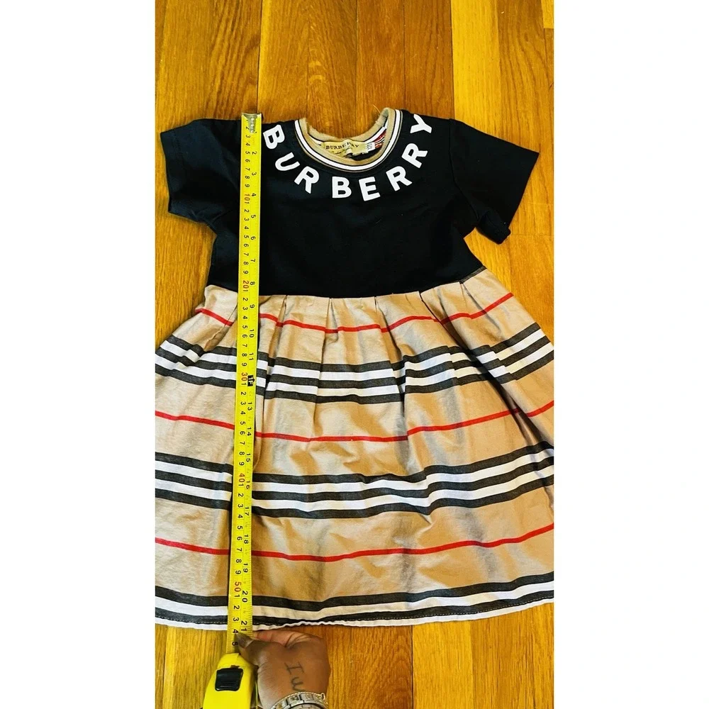 Girls Plaid Check Dress Black Short Sleeve Logo Neckline T Shirt Dress